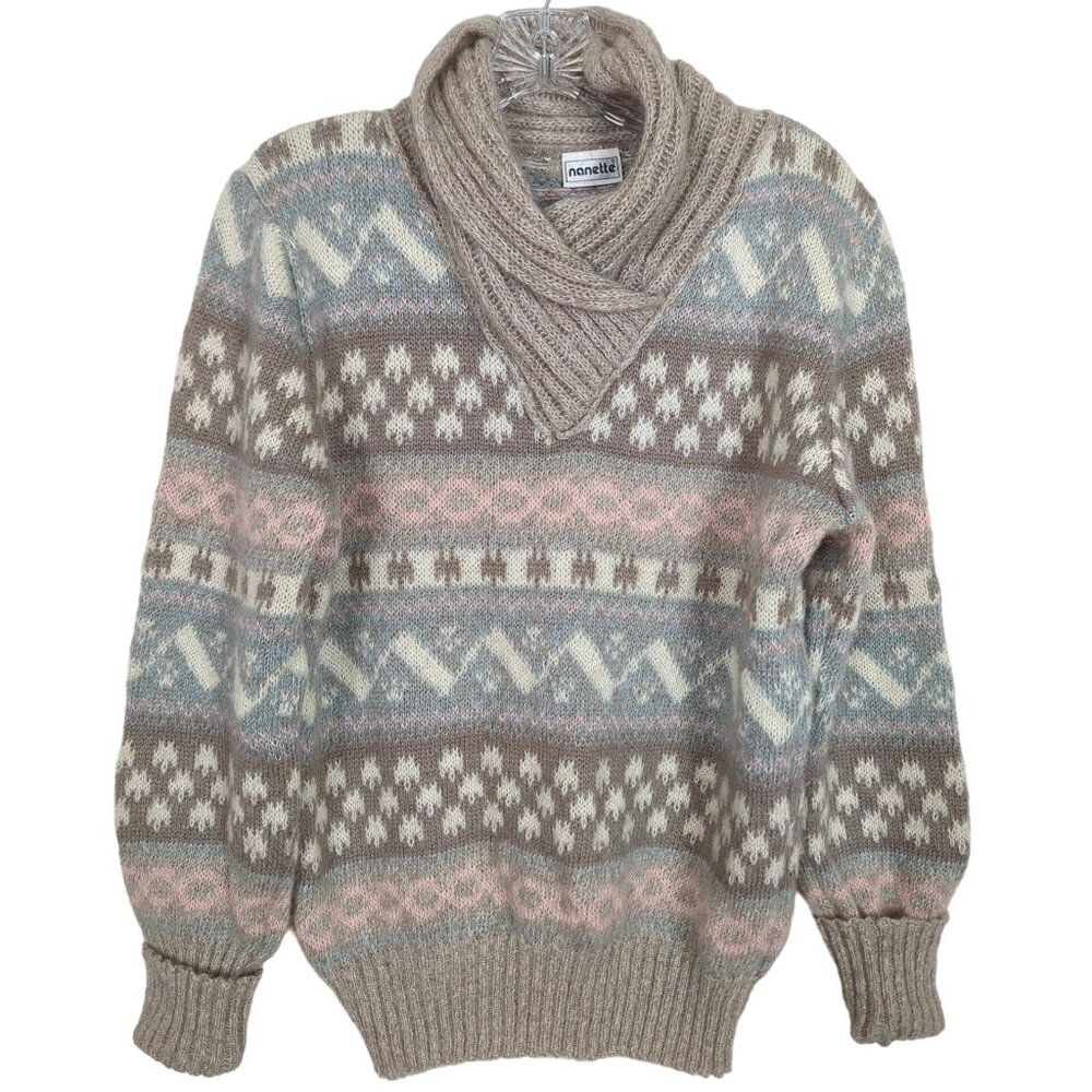 Vintage Nanette Women's‎ Fair Isle Sweater S/M Pastel Pattern Shawl Collar